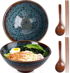 8 Inch Ceramic Ramen Bowl Set of 2 Pho Bowls  Noodle Udon Soup Bowls with Spoons and Chopsticks (Peacock Tail)