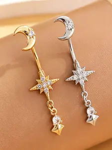 Dreamy Moon-Star Belly Piercing, or Silver Color, Cz Dangle Detail, Perfect for Summer Crop Tops & Festival Fits