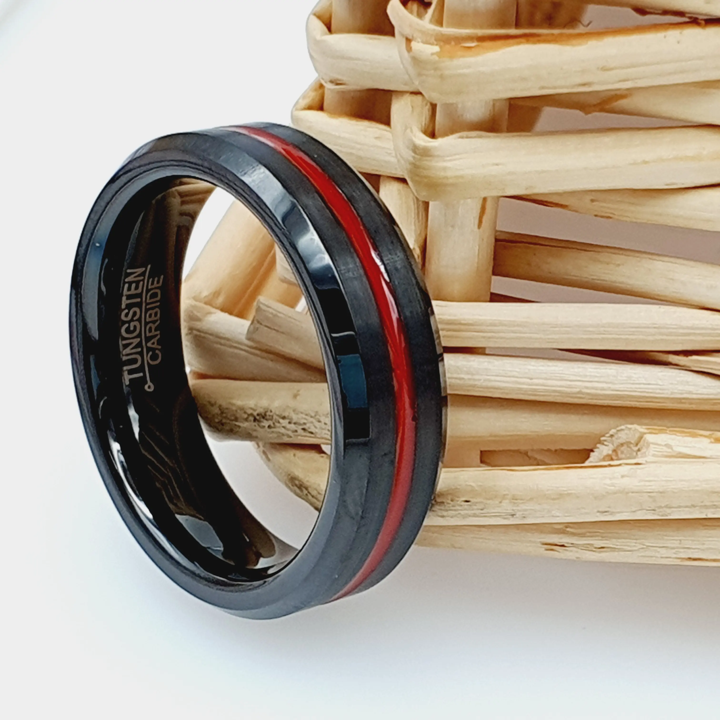 Engraved Firefighter Thin Red Line Ring for Men - Black Tungsten Band - Wedding Size 5-13 - Promise Ring for Him - Engagement Ring