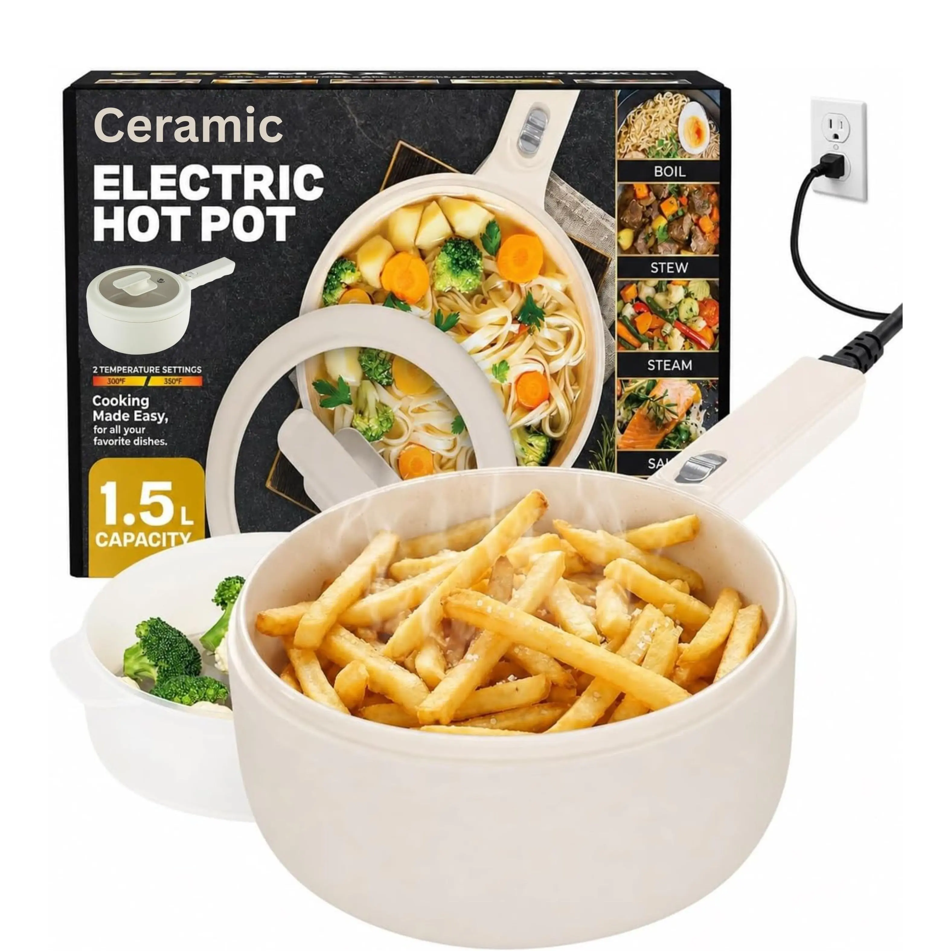 CERAMIC PRO 1.5L Electric Hot Pot with Lid & Steamer | Adjustable Temp, Non Toxic Ceramic Cooker Skillet for Ramen, Eggs, Pasta for Dorms, Camping, RV - New Improved 2026 Model