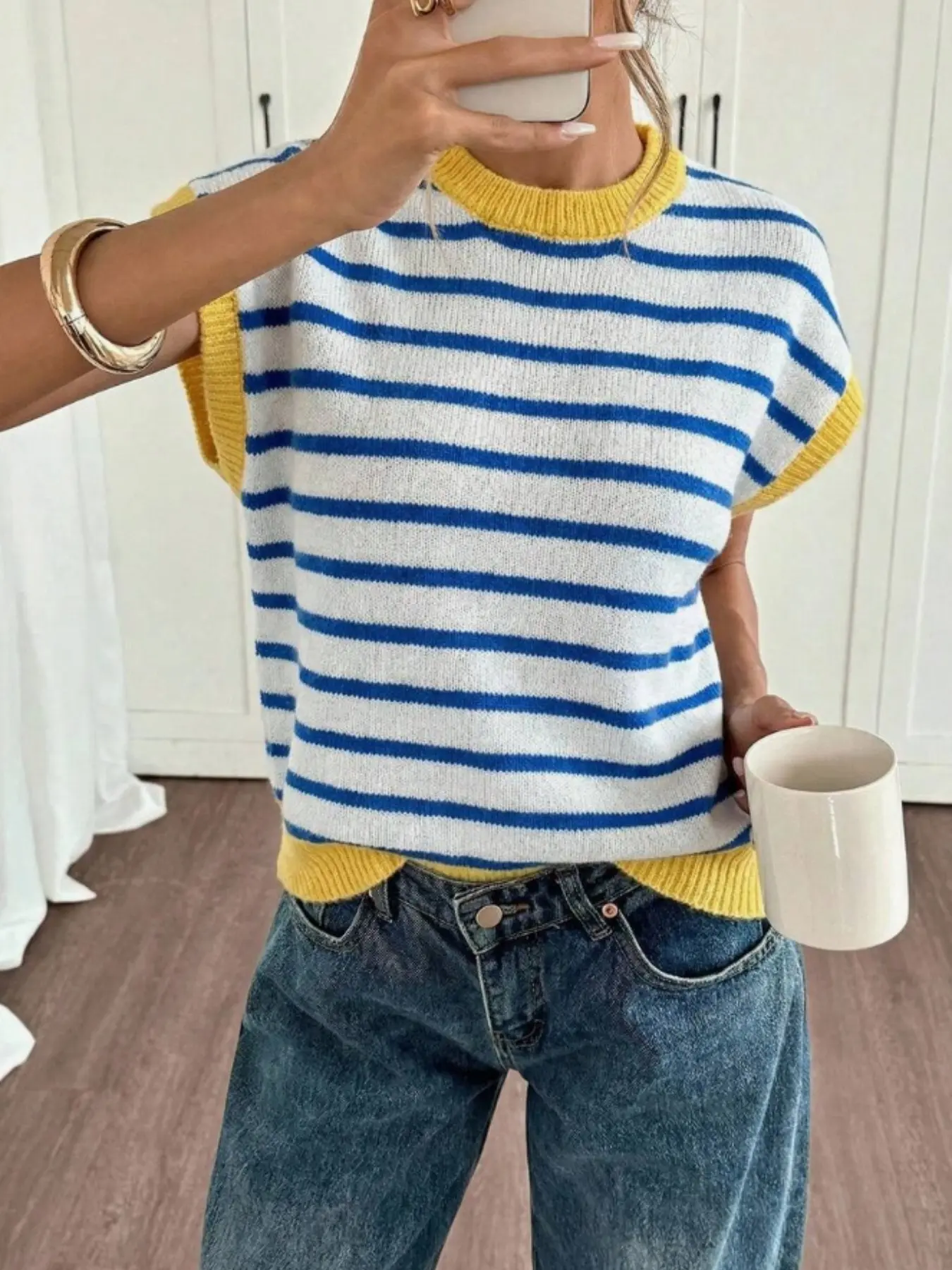 Women's Striped Knit Sweater, Round Neck Casual Soft Pullover, Sleeveless Cardigan, Casual Knitted Top, Comfortable and Stylish, Fashion, Perfect for Daily Wear, Everyday, Knitwear, Short Sleeve Knitwear