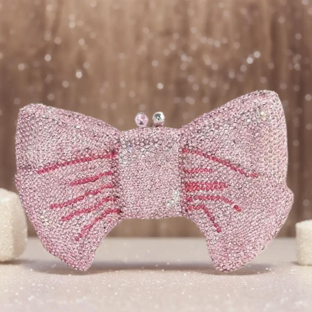 Women's Rhinestone Clutch for Wedding Party Bow Shaped Pink Sparkling Evening Bag