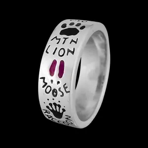 925 Silver Band Ring - Size 5 - Outdoor Enthusiast - Animal Tracks - Raccoon, Mustang, Moose, Lion, Coyote, Beaver, Wolf, Bear