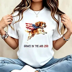 Women's Short Sleeve Breathable Gym T-Shirt - Patriotic Flying Cavalier King Charles Dog Print, USA Flag Cape Design, 1776-2026 America 250th Anniversary Oversized Unisex Outdoor Streetwear Loungewear