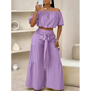 Summer Beach Vacation Bow Shoulderless Round Neck Shirt Wide Leg Pants Set, Casual Loose-Fitting, Women's Fashion.