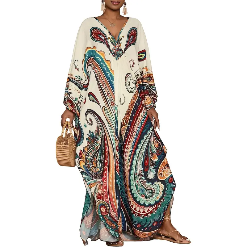 Bsubseach Women's Ethnic Print Kaftan Dress Plus Size All Over Print Sleeve Tunic Dress Boho Casual V Neck 3/4 Sleeve Tunic Dress for Women Mrs Roper Kaftan Bubu Mumu Casual Womenswear Summer Bohemian