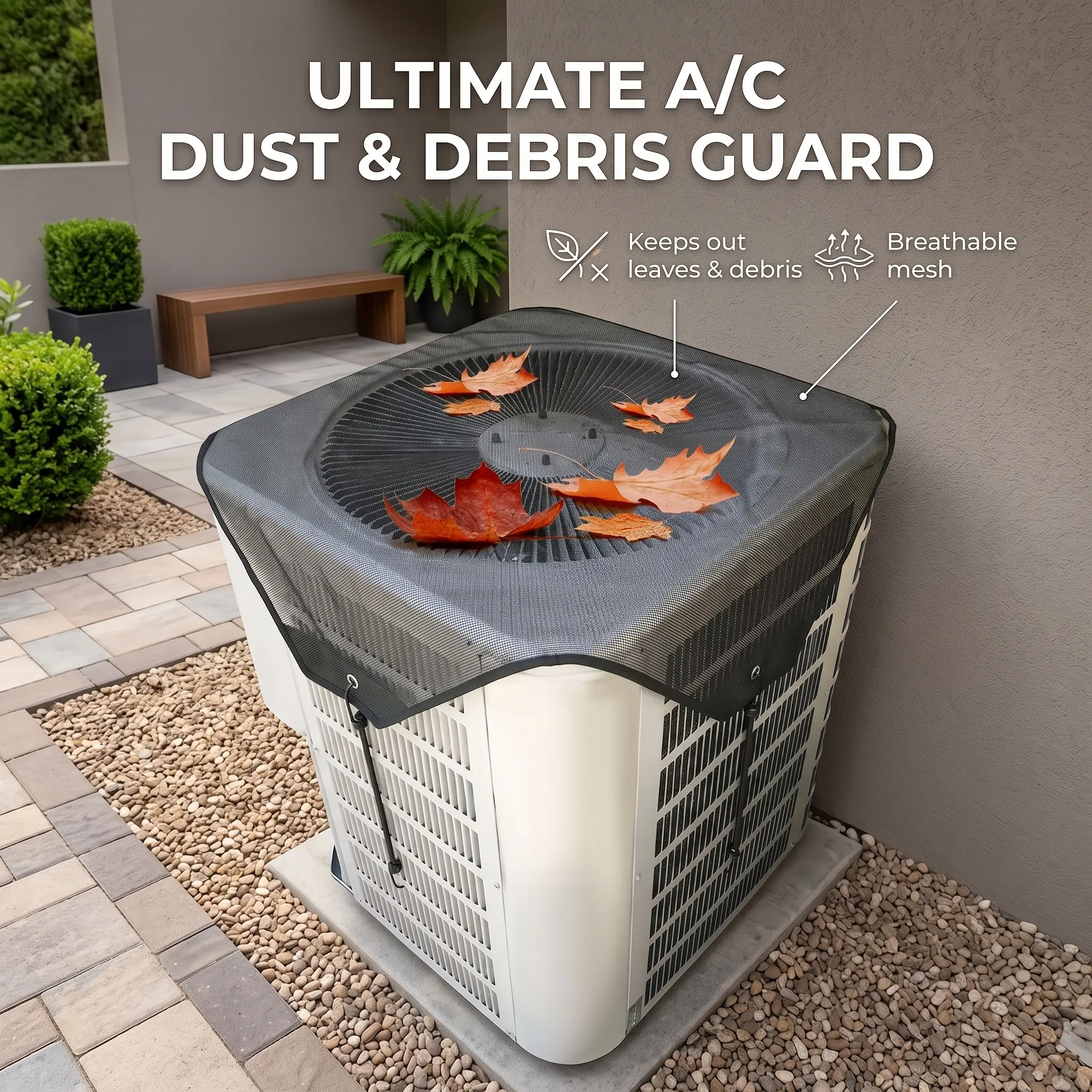 Top fan mesh cover for AC condenser, breathable design 28×28 inch ventilating air external machine unit protective cover, with 4 fixing ropes, full coverage capable of blocking branches, leaves and scattered garbage all-season use Outdoor Net cold