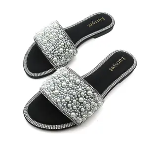 Women's Fancy Flat Sandals Pearl & Sparkly Glitter Rhinestone Decor Slide Open Toe Footwear Girl Fashion Comfortable Slip-on Summer Casual Dressy Shoes for Wedding Party Indoor Outdoor Daily Wear