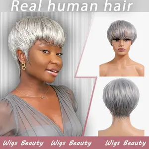 Women's Brazilian Human Hair Short Pixie Cut Wig with Bangs - Gray Color, Rose Net Cap, Secure Fit, Versatile for Everyday & Special Occasions, Natural Look & Feel