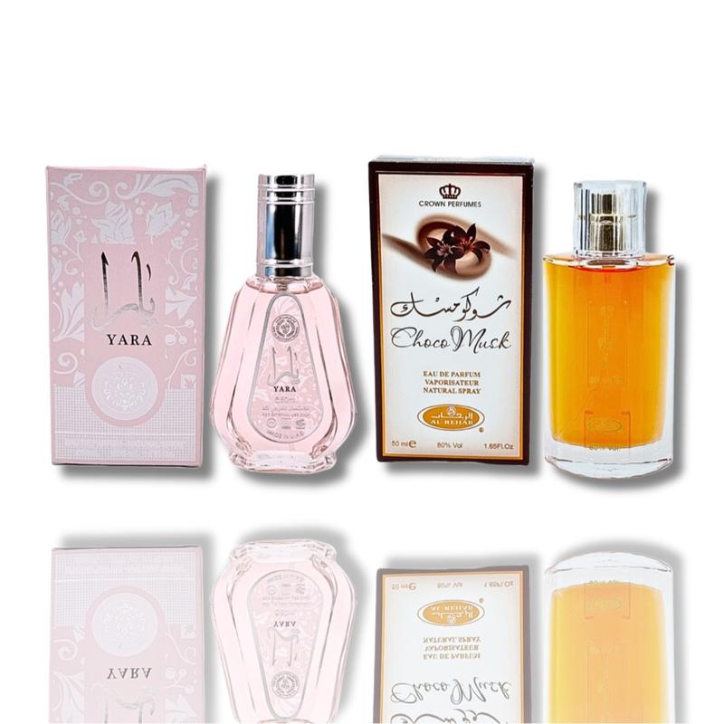 Al Rehab Choco Musk EDP 1.65FL.OZ & Ard Al Zaafaran Yara EDP 1.7FL.OZ   cozy  Cozy Choco Musk and Yara   Yara and Choco Musk Unisex Fragrance Bundle Sandalwood Vanilla Gourmand Accord Tangerine Tropical Fruits long lasting  Cozy Choco Musk & Yara