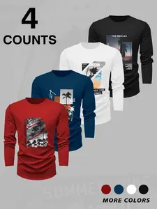 Men's 4-Pack Graphic Long Sleeve Fitted T-Shirts – Palm Tree & Cityscape Prints, Multi-Color Casual Streetwear Top Tees Set