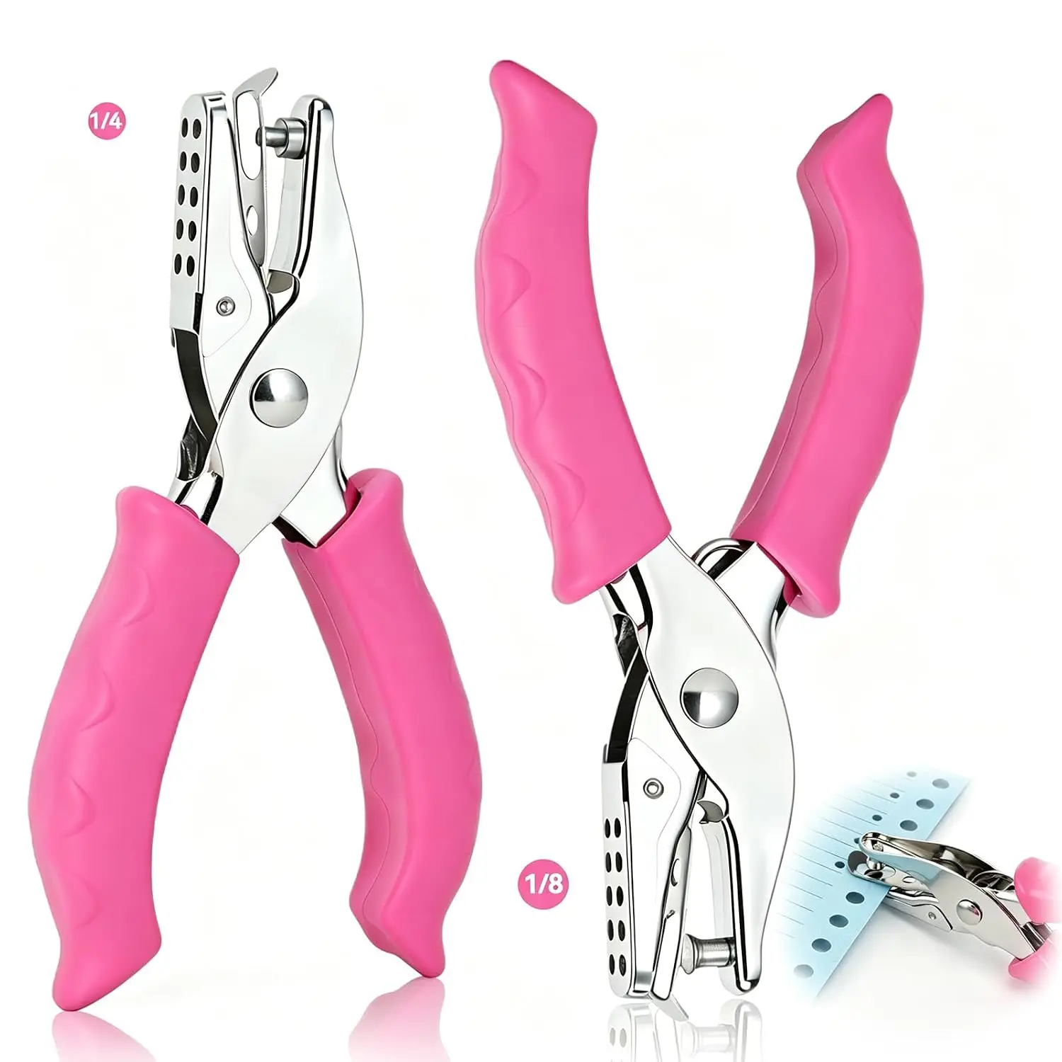 2-Pack Single Hole Punch, 1/4" & 1/8" Paper Hole Puncher for Crafts | One Hole Punch with Pink Soft Grip for Home, Office and Classroom, Small Hole Punchers for Scrapbooking, Tags & Tickets