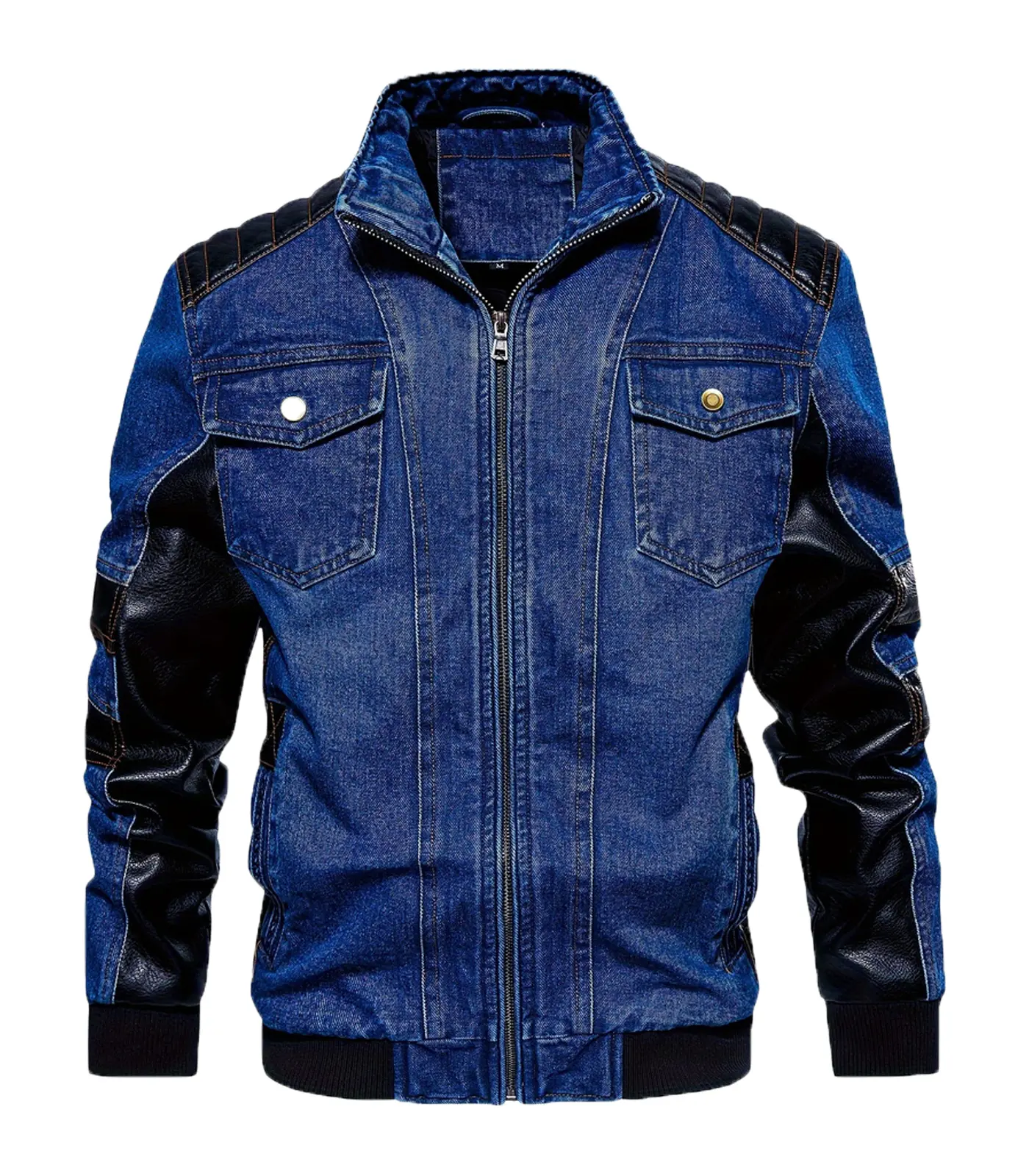 INVACHI Men's Denim & Faux Leather Patchwork Slimfit Biker Jacket - Basic Collared Neck Zip Menswear Top, Casual Stylish Street Fashion Motorcycle Coat
