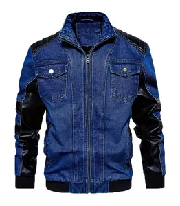 INVACHI Men's Denim Jacket Patchwork Faux Leather Motorcycle Jacket Slim Fit Biker Coat with Stand Collar