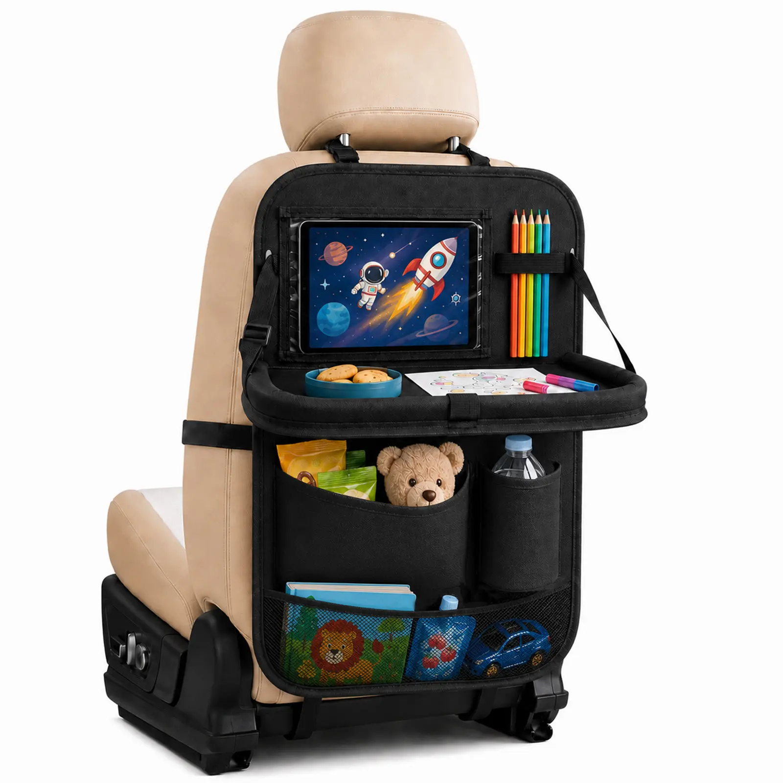 Car Backseat Organizer With Foldable Table Tray, 6 Storage Pockets Car Storage Organizer With Tablet Holder, Car Seat Back Protectors Kick Mats Travel Accessories (Black)