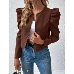 Solid Color Zipper Puff Sleeve Jacket, Elegant Short Jacket for Spring and Autumn