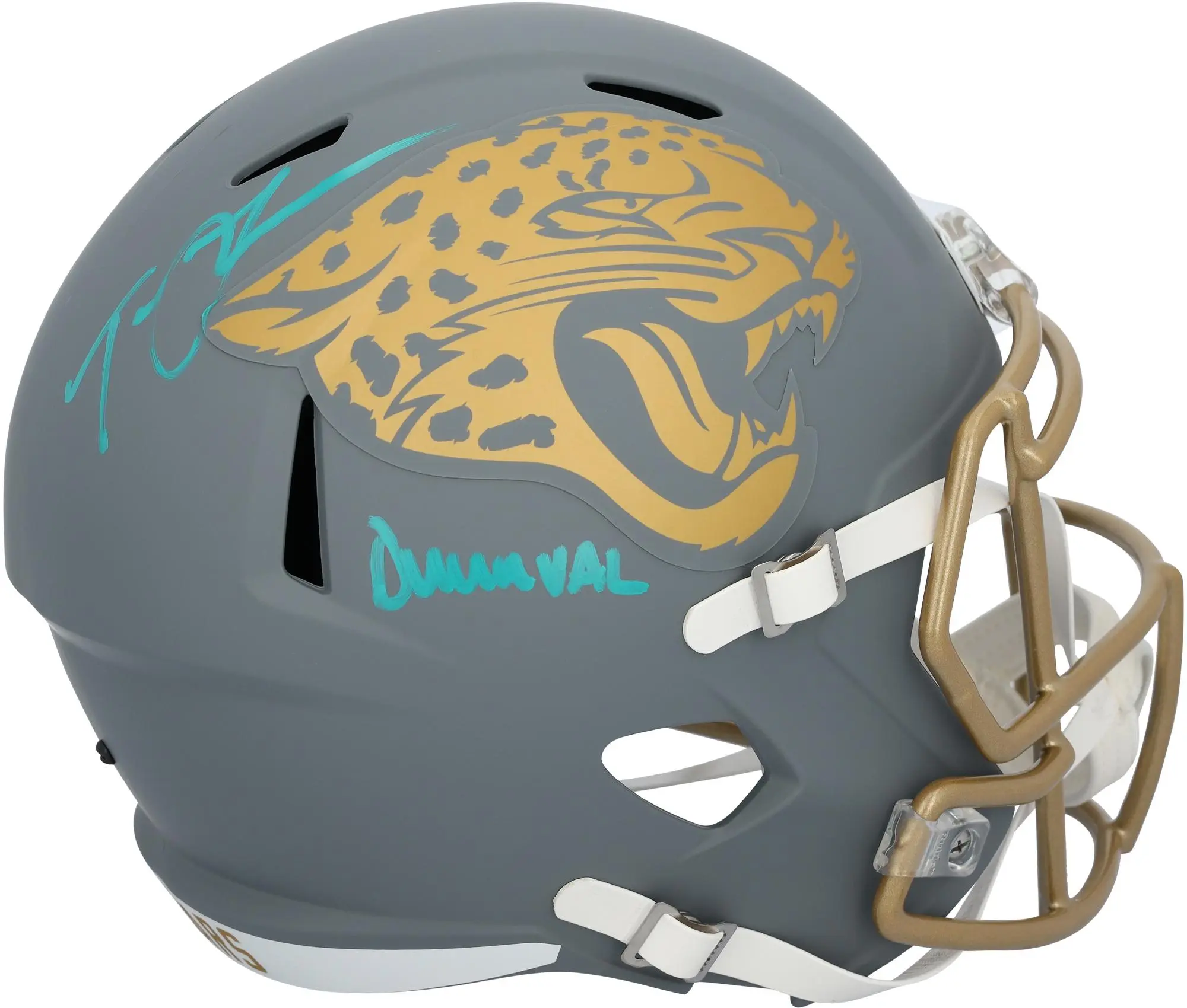 Trevor Lawrence Jacksonville Jaguars Autographed Riddell 2024 Slate Speed Replica Helmet with "Duuuval" Inscription - Fanatics Authentic Certified