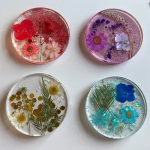 Handmade Resin Art Small Coasters with Pressed Flowers and Dried Herbs Beautifully Decorated for Home Decor