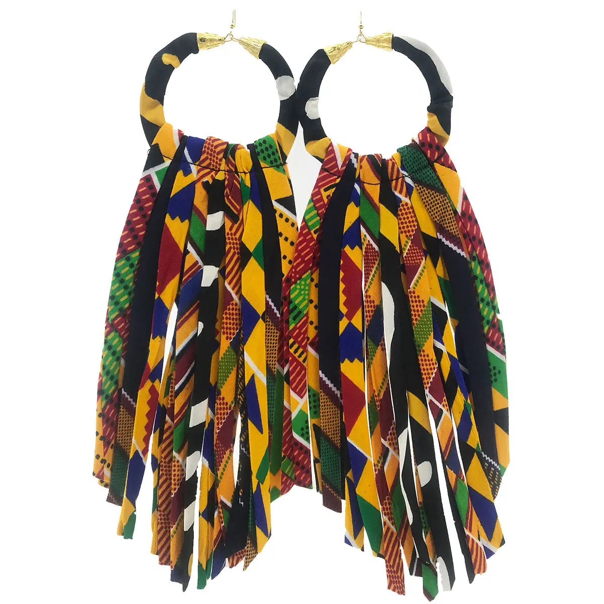 Saffron Yellow African Tassel Earrings - Fringe Wax Print Earrings - Yellow Red Black Ankara Earrings -