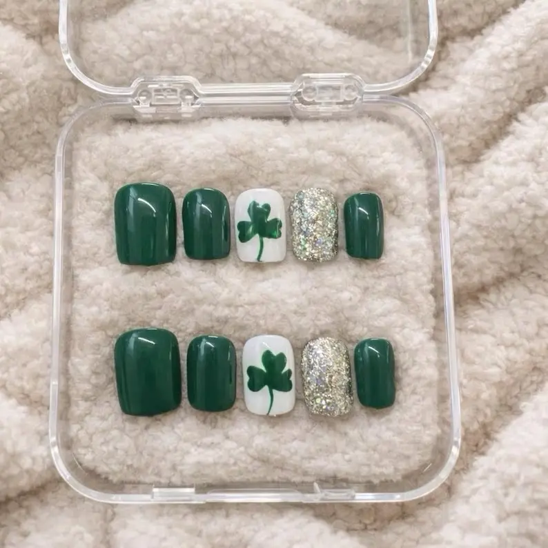 Lucky Clover Press-On Nails | Green & Gold Shamrock Set | Hand-Painted Reusable Nail