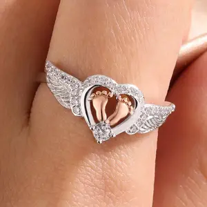 Women's Meaningful Ring with Angel Wings Heart Design Perfect Gift for Baby and Mother's Day Special Occasions Maternal Love Symbol