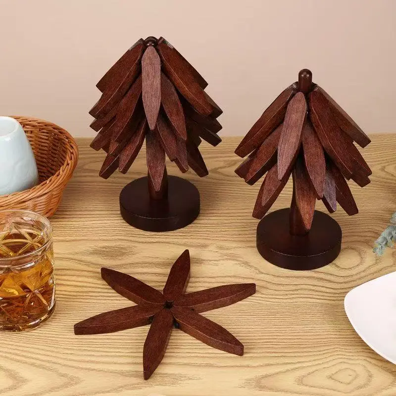 Natural Tree Trivet Set - 4 Wooden Trivets & 1 Stand - Heat-Resistant Foldable Design - Durable Solid Wood - Ideal for Hot Dishes Pots Bowls Teapots - Kitchenware Tableware Coasters-3.99