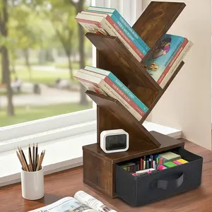 Tree Bookshelf with Drawer, 4-Tier or 7-Tier Rustic Brown Narrow Bookcase for Small Spaces, Slim Corner Wooden Book Rack for Living Room, Bedroom, Home Office – Bookcase Organizer