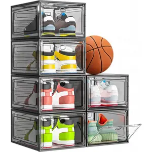 7 code Thicken & Sturdy Clear Shoe Storage Organizer with Magnetic Door, Stackable Boxes for Closet, Foldable Shoe Rack for Sneaker Boot Container, Plastic Shoe Cabinet Shoe Box 6 Pack, Black