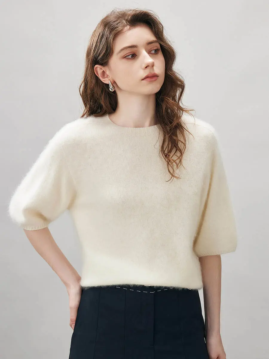 COMOBOCA Women's Brushed Wool Cashmere Knitwear, Casual Crew Neck Half-Sleeve Medium Length Seamless Relaxed Fit Top, Hand Wash Only