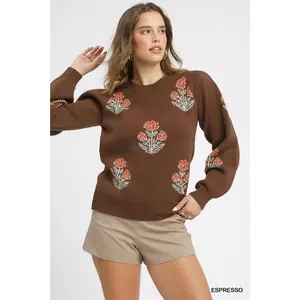 Umgee Floral Knit Sweater with Puff Sleeves