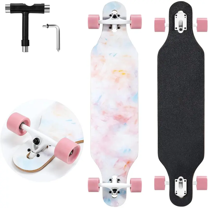 Longboard Skateboard, 41 Inch Drop Through Longboard Complete 9-Ply Nature Maple Premium Cruiser Long Board for Adults, Teens and Kids - High-Speed Bearings & T-Tool