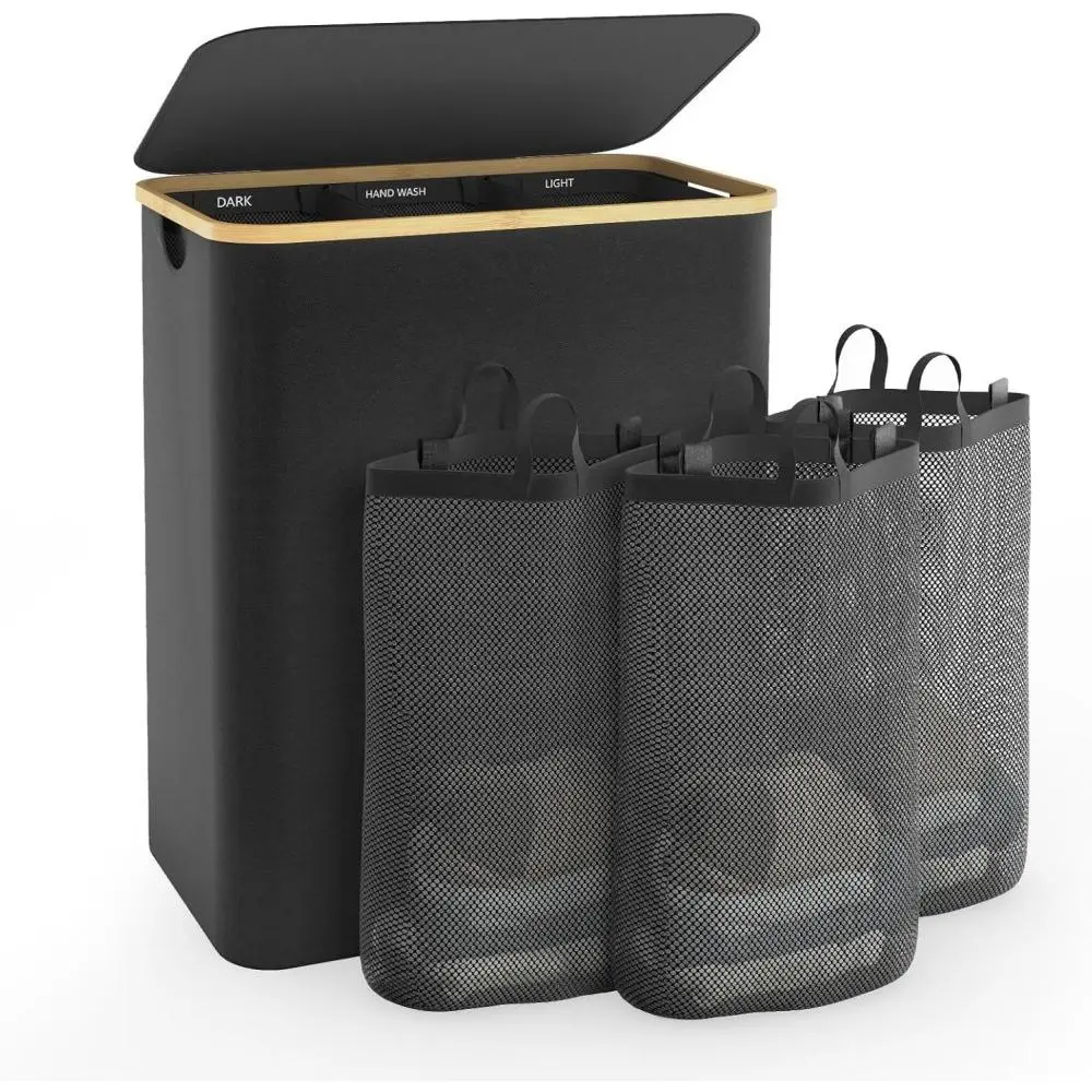 160L Household Dirty Clothes Sorter Hamper with Lid, 3 Grid Heavy Duty Odor Barrier Dorm Apartment Bin