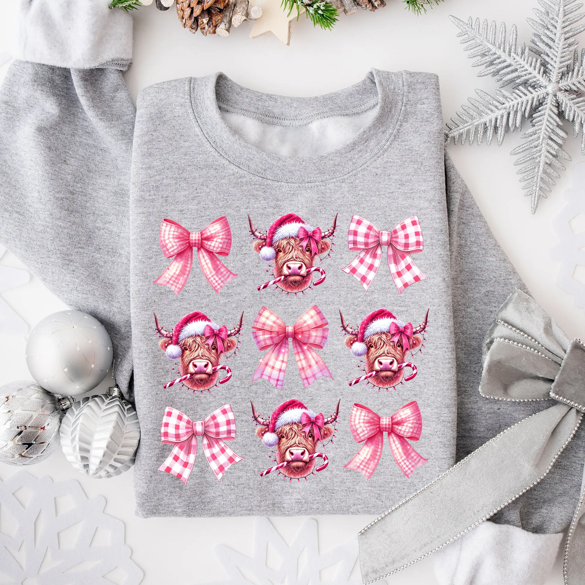 Coquette Bow Highland Cow Sweatshirt, Highland Cow Christmas Shirt, Pink Christmas Coquette Bow Sweatshirts, Pink Coquette Bow T-shirt, Western Cow Sweater, Vintage Christmas Bow Shirts, Xmas Season
