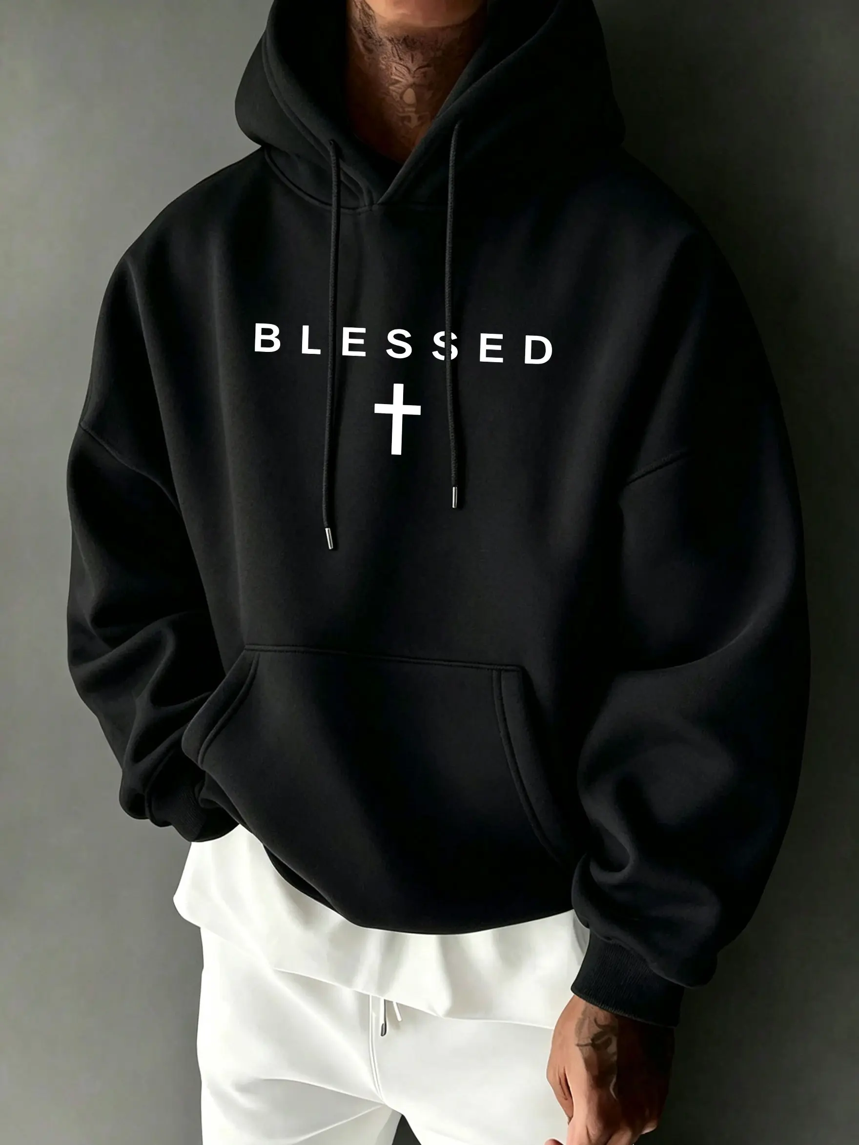 Men's "BLESSED" Letter & Cross Print Hooded Sweatshirt - Menswear Long Sleeve Casual Simple Oversized Loose Basic Pullover Tops