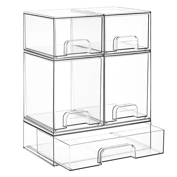 UFORU Clear Stackable Storage Drawers Set of 5, Multi-Use Plastic Organizer Bins Perfect for Baby Bottle Storage, Kitchen Pantry, Vanity Makeup & Bathroom Under Sink Organization