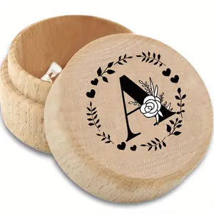 Wooden Tooth Fairy Box Deciduous Teeth Case Milk Teeth Organizer Multifunctional Gift Jewelry Box Small Items Storage For Rings Necklaces Earrings Nursery Room Decor Souvenir Initial Name 26 Letters Garland Pattern Decoration Items Decor Accessory