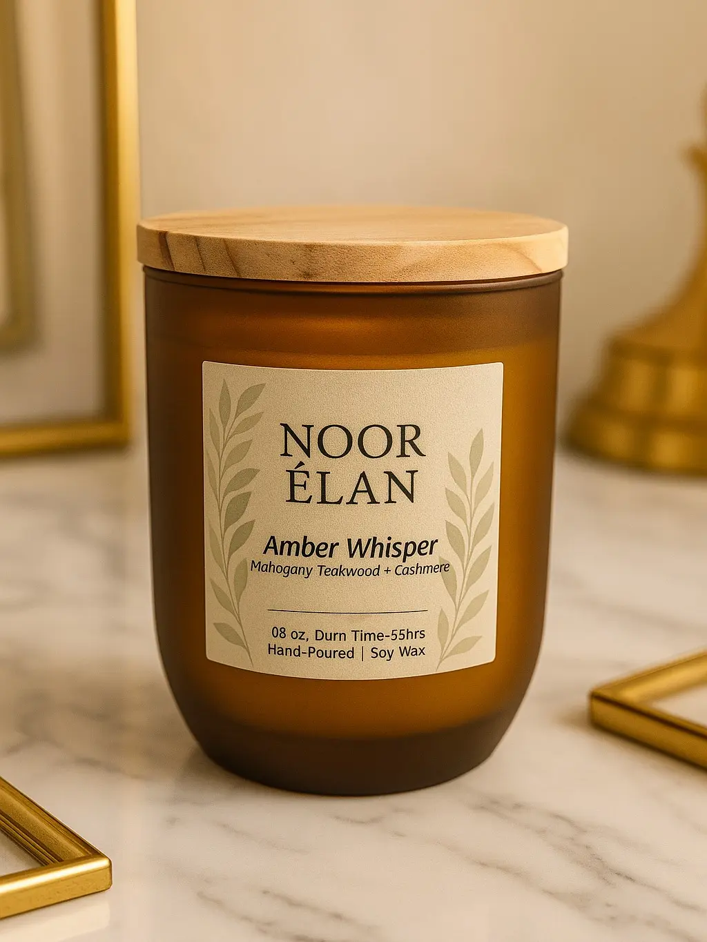 Noor Élan Amber Whisper 8 oz Candle Mahogany Teakwood & Cashmere Scent 55 HR Burn Time Woody Warm Aroma for Home Office