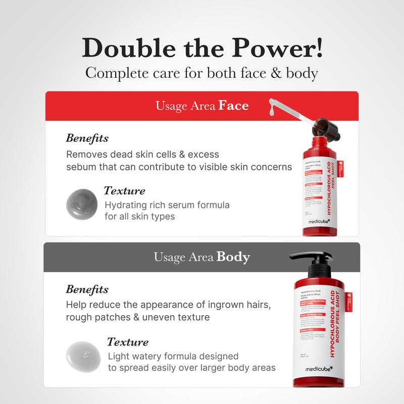 [medicube] Hypochlorous Acid Rice Peel Shot Duo For Face & Body | Gentle Exfoliating Serum for Dead Skin Cells & Pore Care, Blackheads & Excess Sebum Control | Rice Extract, Hypochlorous, Panthenol for Hydrating & Smoothing Care