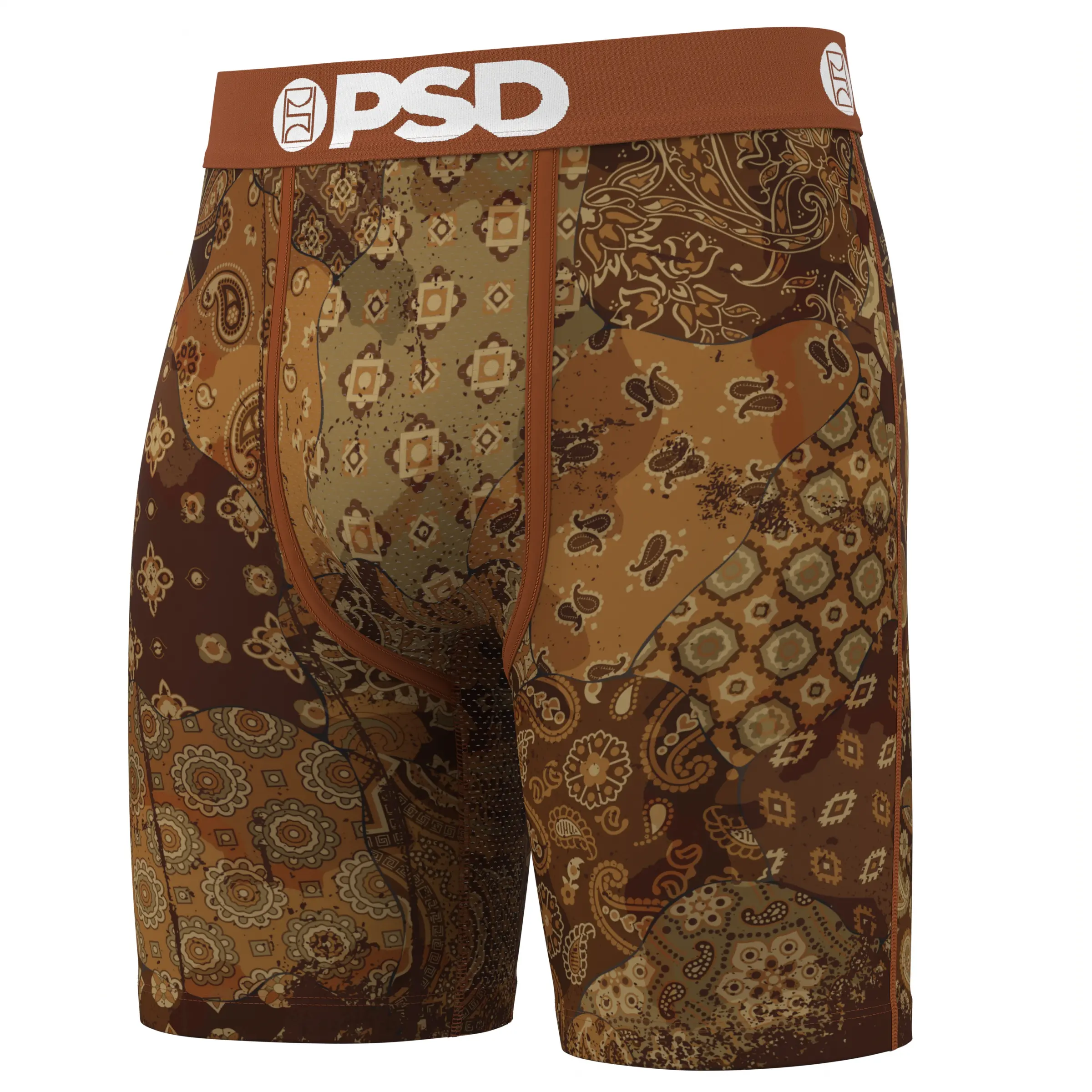 PSD Mens Coco Paisley Boxer Brief - Standard Length 7 Inch Inseam, Soft and Breathable Poly Blend Fabric Stretch Activewear