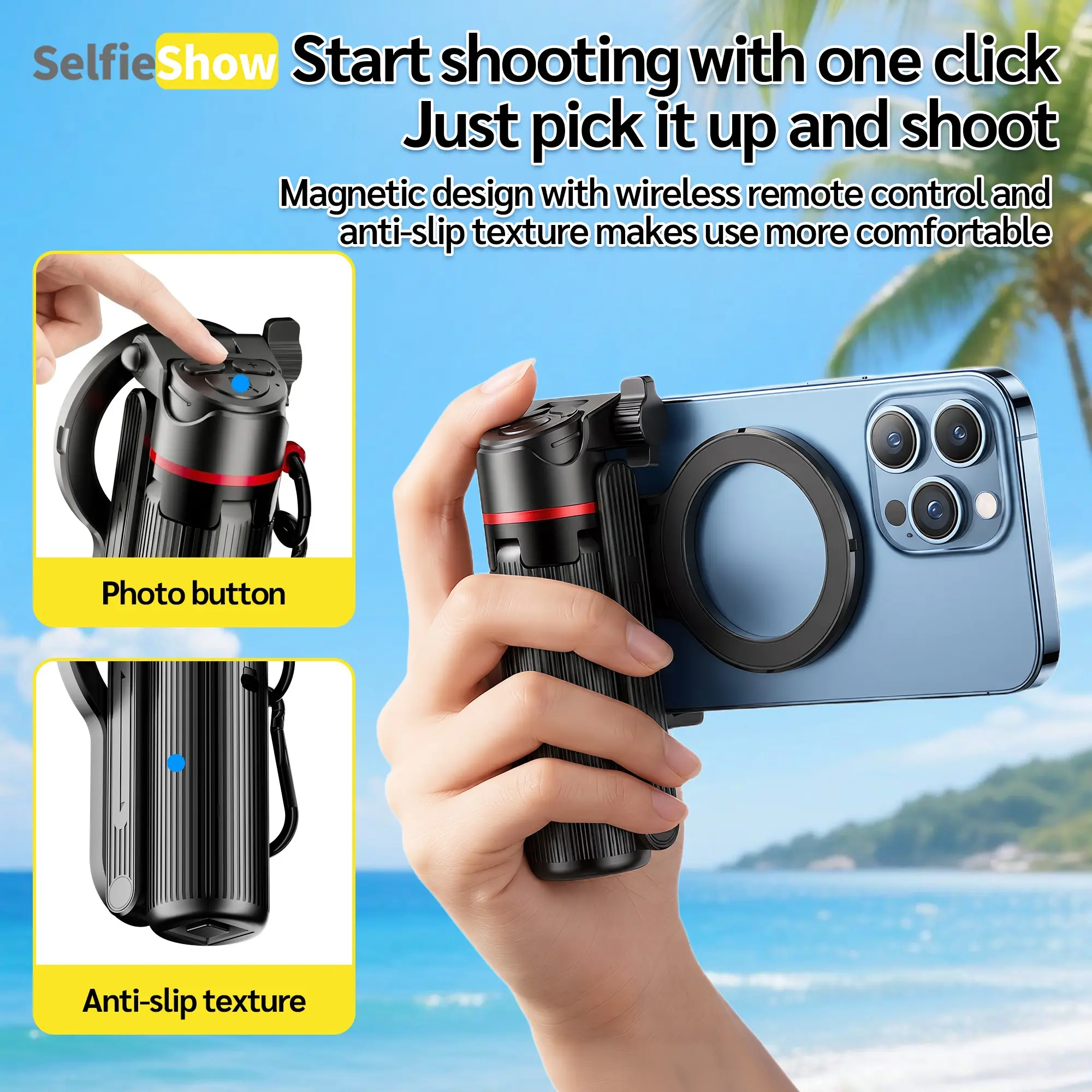 Mini Magnetic Selfie Stick, One-Button Release, Detachable Remote Control, Four-Leg Tripod, Cellphone Selfie Accessory, Cell Phone Tripod