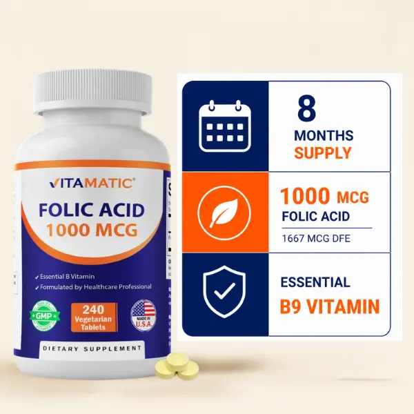 Vitamatic Folic Acid 1000 mcg (1 mg) GMP Certified Dietary Vitamins - 240 Unflavored Vegetarian Tablets, 1667 mcg DFE Vitamin B9, 24 Months Shelf Life, Single Item, Supports Pregnancy & Adult Brain Health, Supports Brain