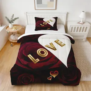 Romantic LOVE Rose Comforter Set, 2/3PCS Valentine's Bedding, No Pillow Insert, Soft for Couples Bedroom, Perfect Valentine's Gift