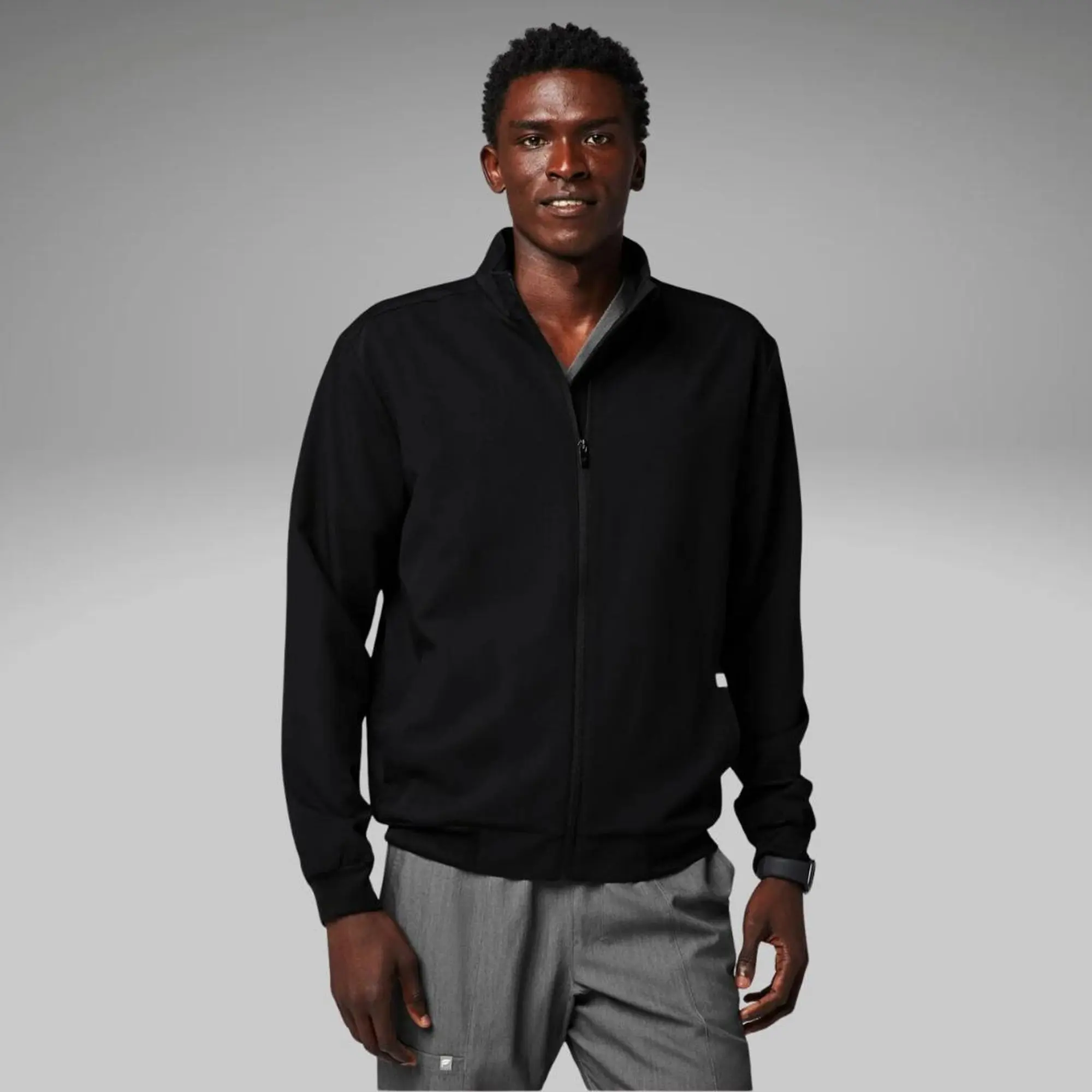 Fabletics Men's Foundation Scrub Jacket, Menswear Plain Layered Top with Spandex-Polyester Fabric