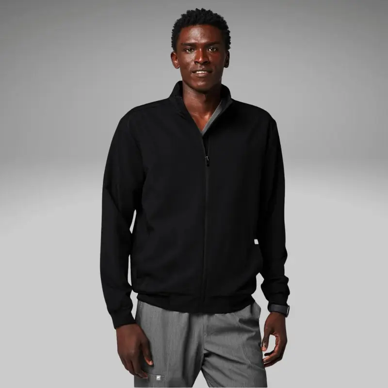 Fabletics Men's Foundation Scrub Jacket, Menswear Plain Layered Top with Spandex-Polyester Fabric