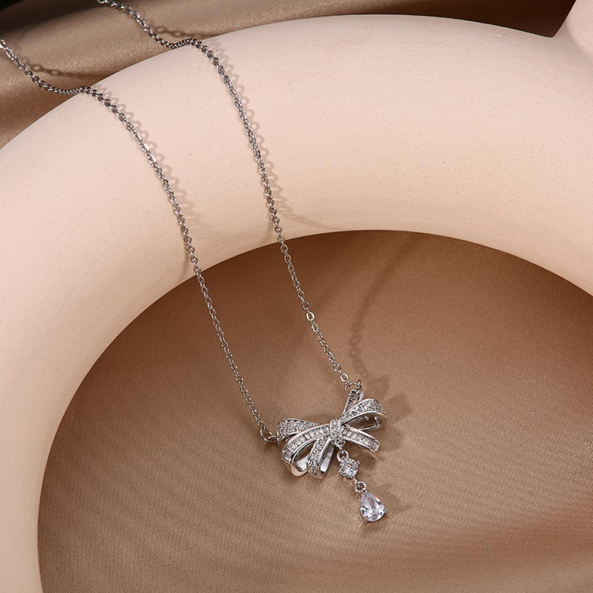 Cute Bow Shape Sparkle Drop Necklace, Smooth Delicate Link Chain, Elegant Feminine Statement Jewelry, Stackable Everyday Accessory, Thoughtful Gift for Fashion Lovers