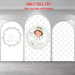 White Silver Angel Girls Baptism Arch Covers Stretchy Backdrop, God Bless First Holy Communion Design, Perfect for Girls Christening Religious Ceremony Photography Backdrop, Party Decorations Banners