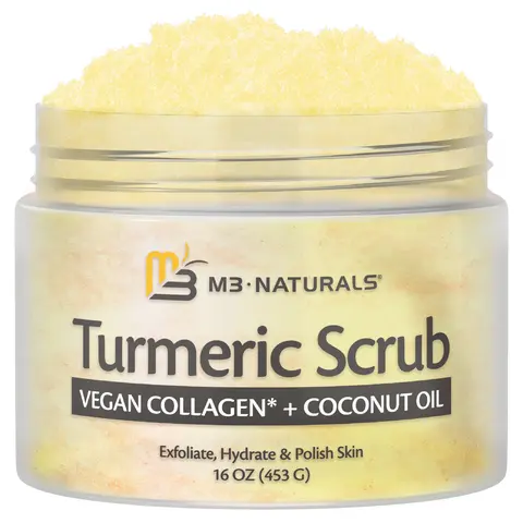 M3 Naturals Turmeric Body Scrub with Collagen, Coconut Oil, Lemon, Sugar, Retinol Blend, Shea - Alcohol-Free, Anti-Bacterial Selfcare Exfoliate Cleanser for Sensitive Skin Adults - 16oz Face & Body Acne Treatment, Hydrating Detox Smooth Formula