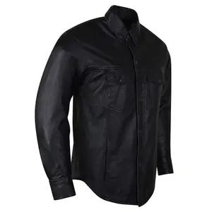 High Mileage Mens Dual Interior Pocket Black Premium Cowhide Biker Motorcycle Leather Shirt