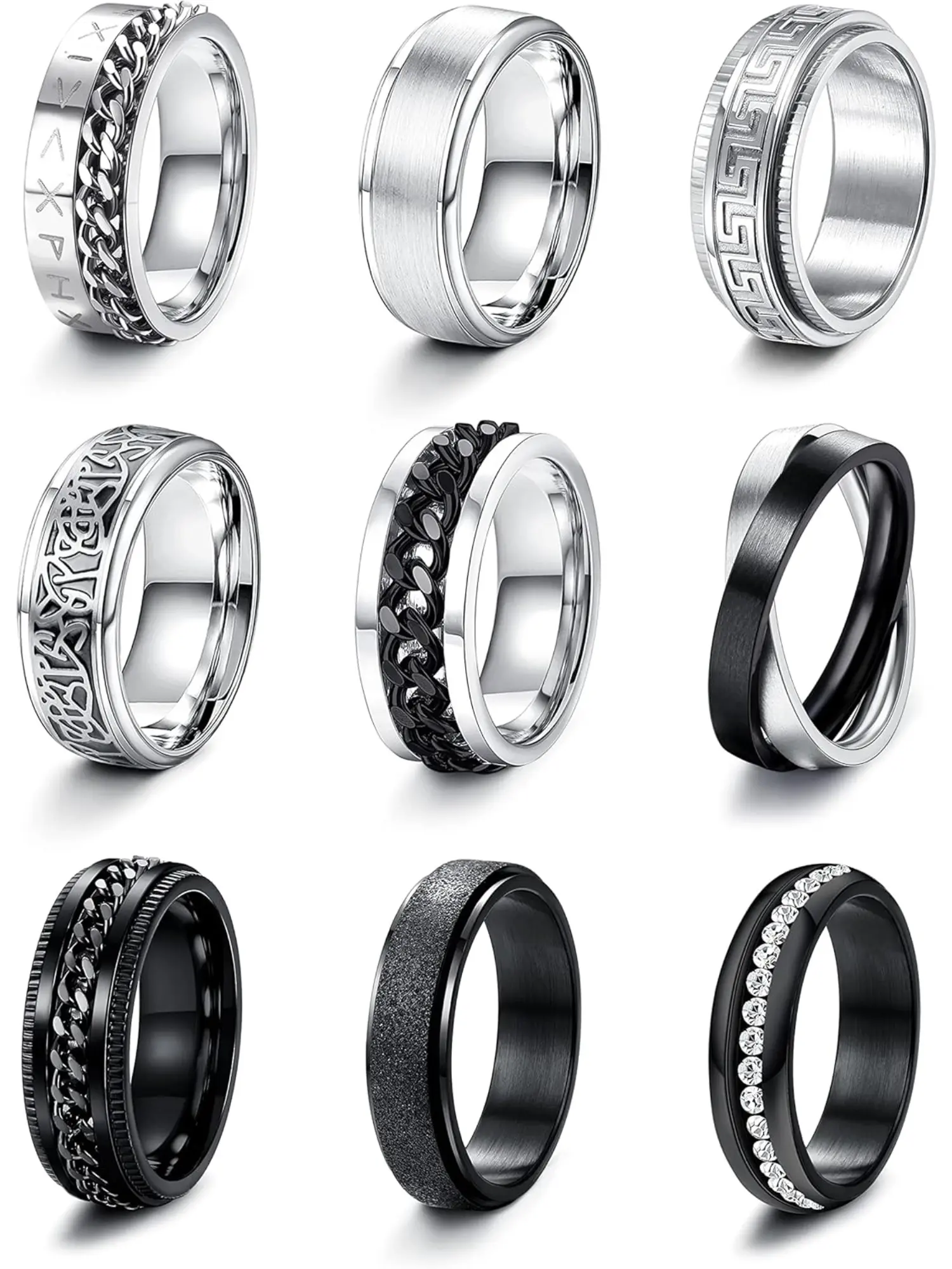 9 Pcs Silver Black Rings for Men Stainless Steel Spinner Fidget Rings Matte Finish Polished Band Rings Chain Celtic Bottle Open Rings Wedding Engagement Promise Rings Size P1/2 Statement Ring