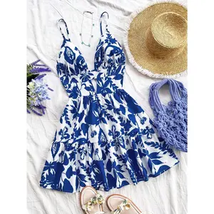 Spaghetti Strap Backless Cami Dress Cut Out Ruffle Tiered A Line Summer Mini Dresses Sundress